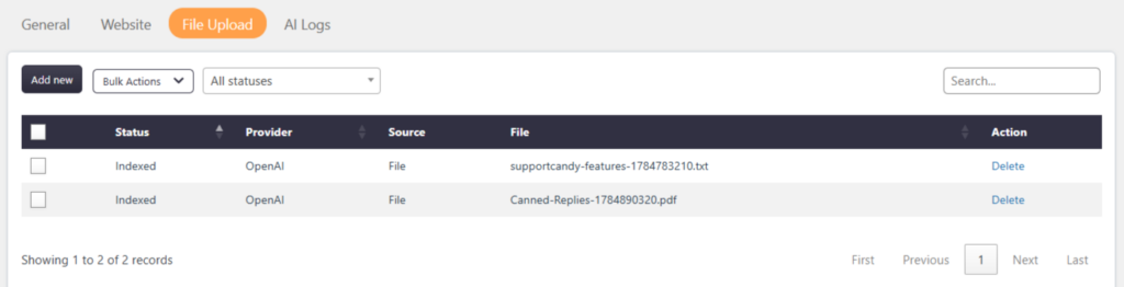 AI assistant file uploads settings view