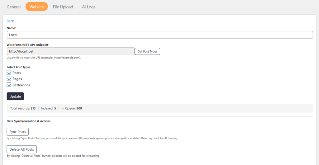 AI assistant website settings edit view