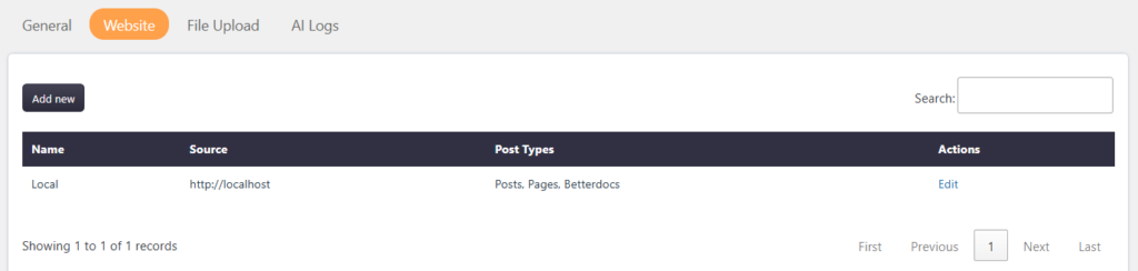 AI assistant website settings view